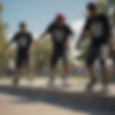 Group of skateboarders in a skate park showcasing diverse styles including bandana shorts