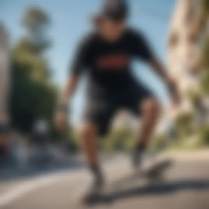 A stylish skateboarder wearing black bandana shorts on a skateboard