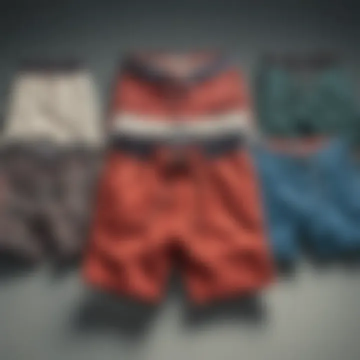 Different styles and colors of woven flow shorts displayed