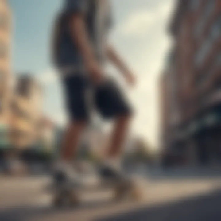 Skateboarder wearing woven flow shorts in an urban setting