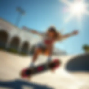 Skate Tricks in Style A stylish female skateboarder performing tricks in an Obey shirt.