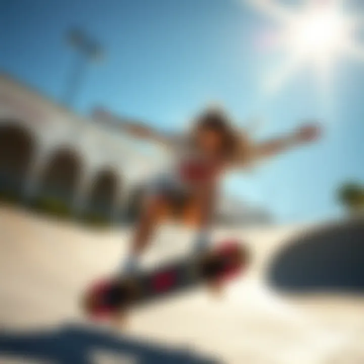 Skate Tricks in Style A stylish female skateboarder performing tricks in an Obey shirt.