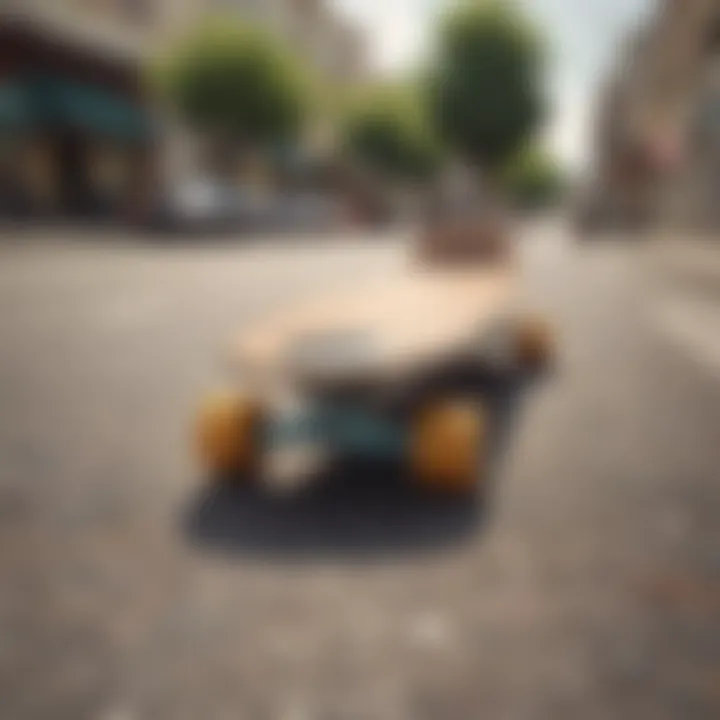 Longboard skateboard displayed on a smooth pavement with a scenic background.