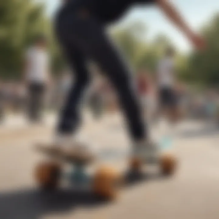 Skaters enjoying their rides with cruiser and longboard skateboards in a park.