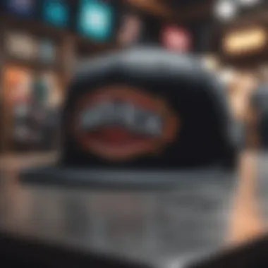 Close-up of a snapback hat with unique branding and design