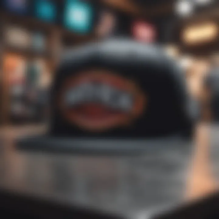 Close-up of a snapback hat with unique branding and design