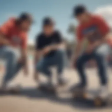 A group of skateboarders wearing stylish snapbacks at a skate park