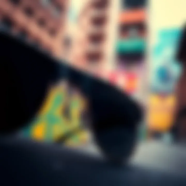 A close-up of black retro sunglasses against a vibrant urban backdrop
