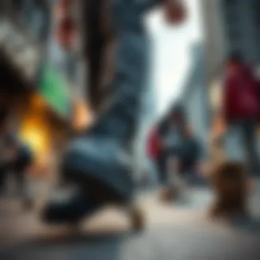 Urban Skate Culture with Chunky Black Shoes A group of skaters in urban settings, emphasizing the lifestyle aspect of skate culture