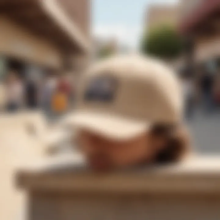 An urban skate park setting featuring skateboarders wearing beige dad hats.