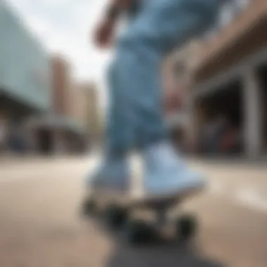 Urban setting showcasing a skater wearing light blue and white checkered Vans