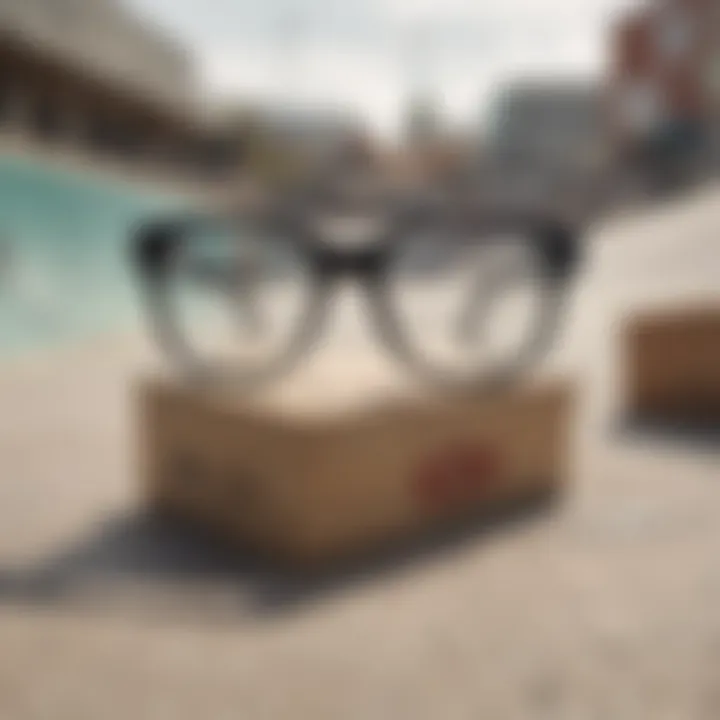 A skateboarder wearing Vans glasses in an urban skatepark setting.