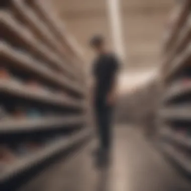 A shopper exploring the Vans outlet store, assessing a selection of shoes.