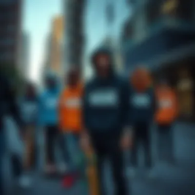 A group of skateboarders wearing the Vans Pride hoodie in an urban setting, embodying inclusivity.
