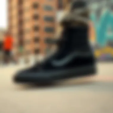 Vans Sk8 Hi All Black in Action: Urban Skate Culture Sneaker showcased in urban skate environment