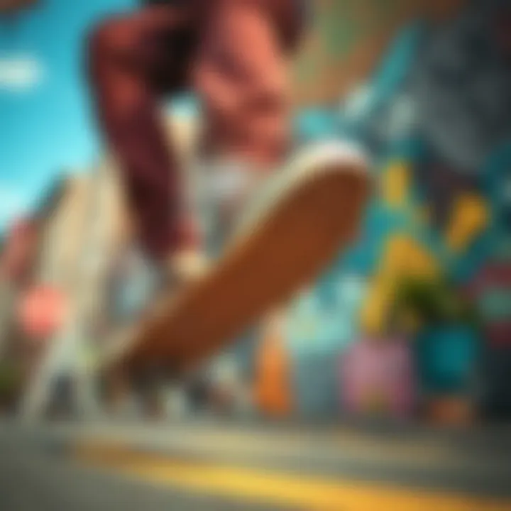 Skateboarding in action with Vans shoes on a vibrant urban backdrop