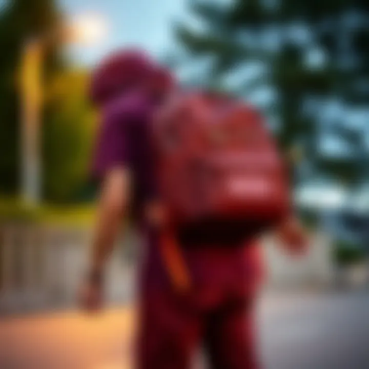 A skateboarder using the Vans Skool'd backpack, illustrating its functionality and style in action.