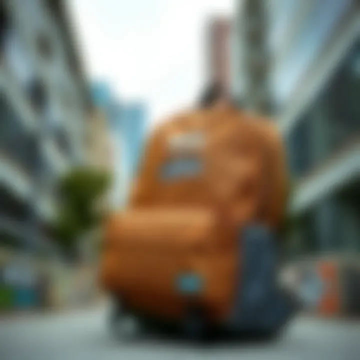 The Vans Skool'd backpack showcased against an urban backdrop, highlighting its stylish design.