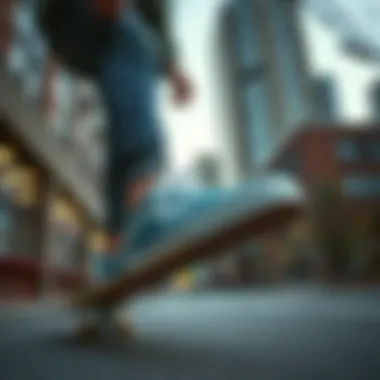 A skater wearing Vans Ultramarine Teal in an urban setting