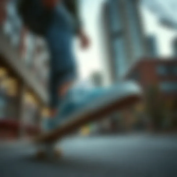 A skater wearing Vans Ultramarine Teal in an urban setting