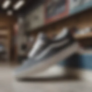 Vans with white stripe displayed in a skate shop