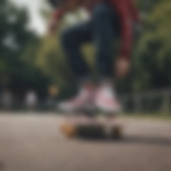 Skateboarder performing tricks wearing Vans with rose prints