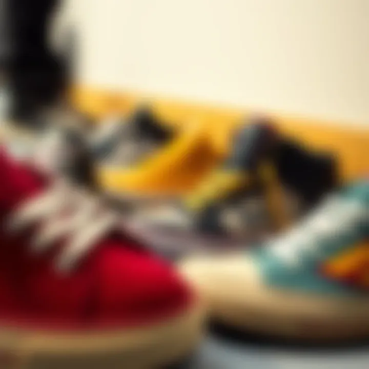 Collection of various low skate shoe models and colors