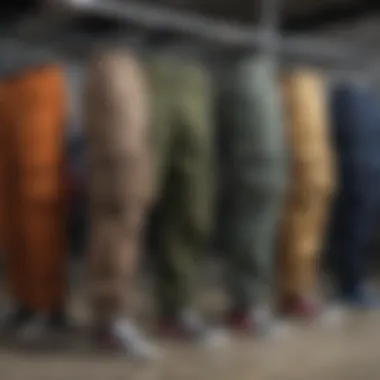 A variety of cargo army pants in different colors and materials displayed on a rack