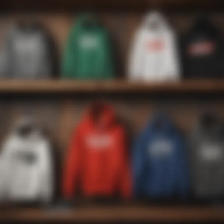 Various Vans hoodies arranged on a wooden shelf