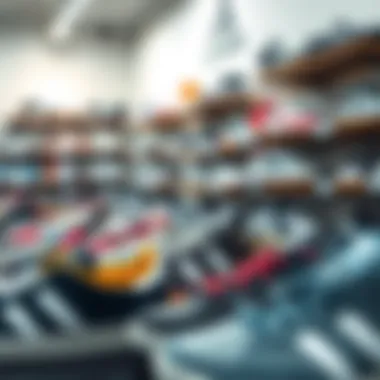 A variety of Adidas sneakers arranged in a skate shop.