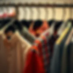 A selection of button-up shirts displayed on hangers showcasing different fabrics and patterns.
