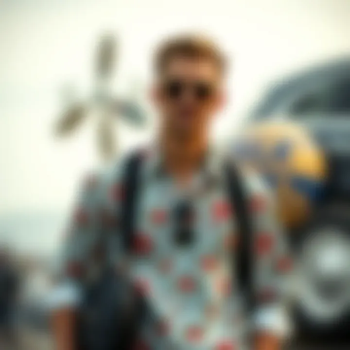 A styled outfit featuring a button-up shirt paired with accessories for a complete look.