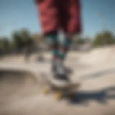 A group of young skateboarders wearing Champion socks while performing tricks at a skate park.