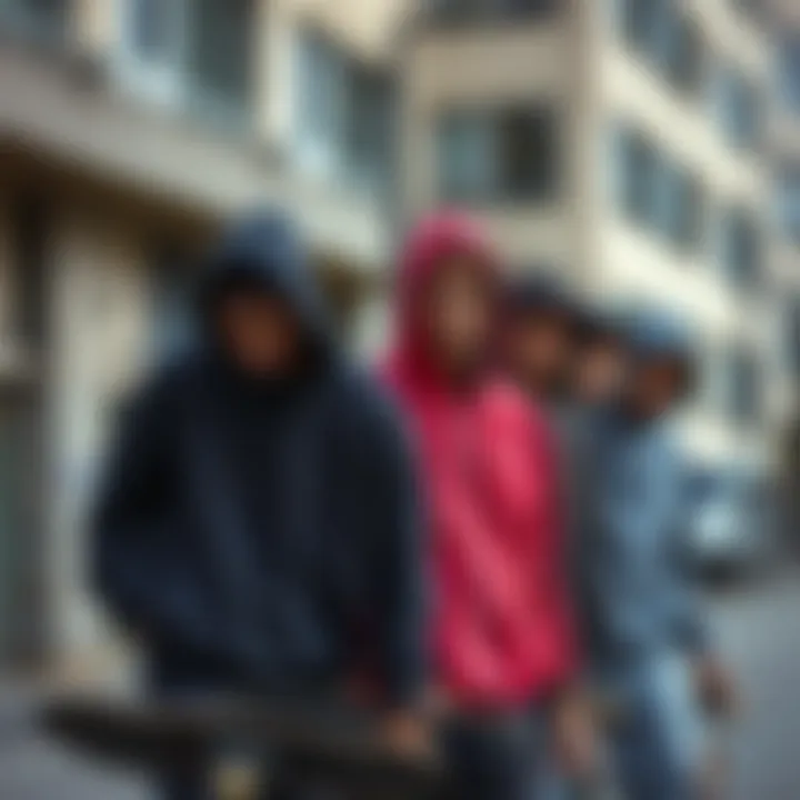 Group of skaters wearing hoodies in a urban setting