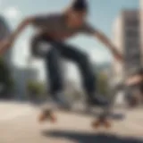 A skateboarder wearing Zoomie eyeglasses performing a trick